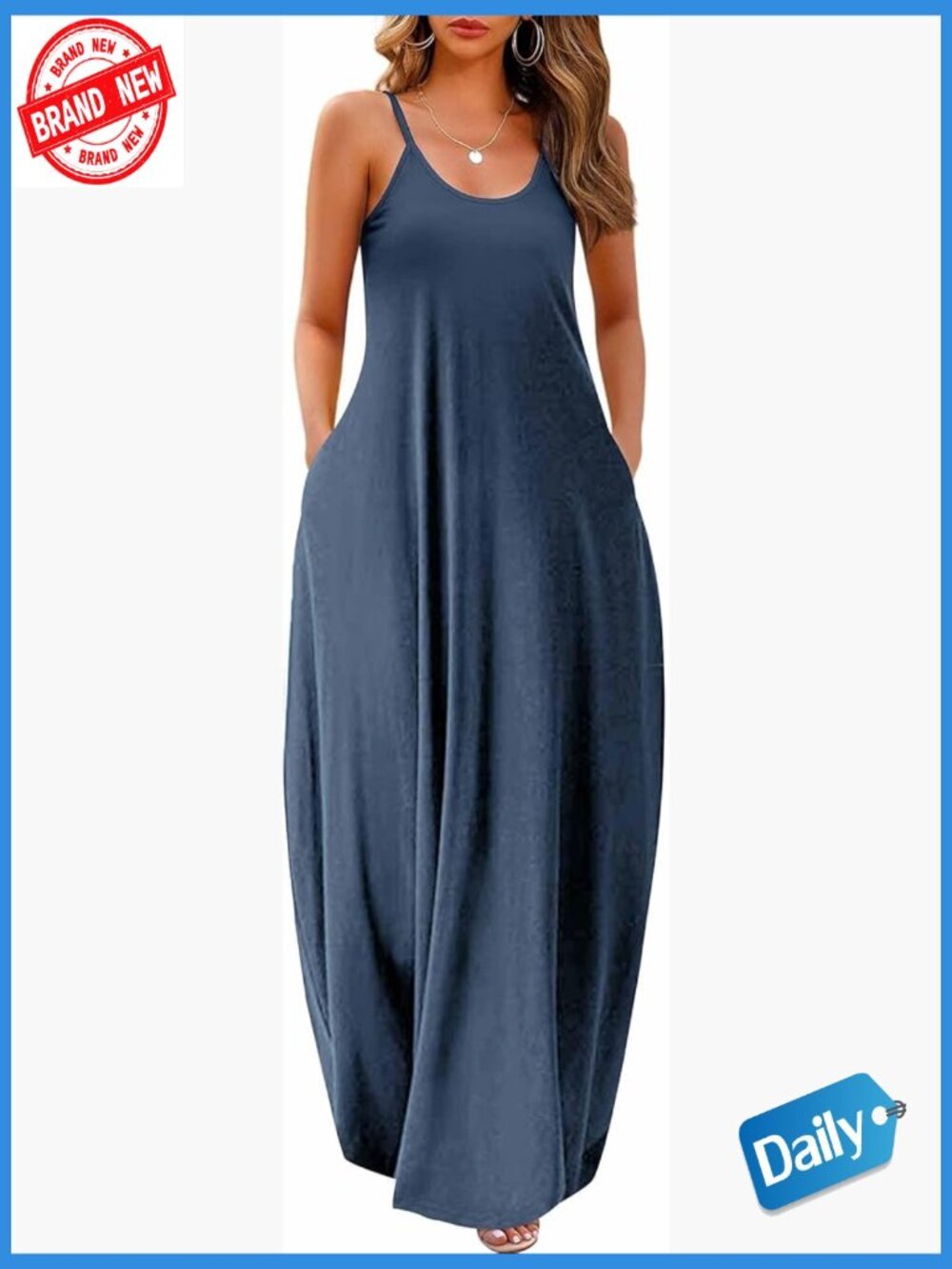 Maxi Dress with Pockets Adjustable Spaghetti Strap Loose Plus Size Summer